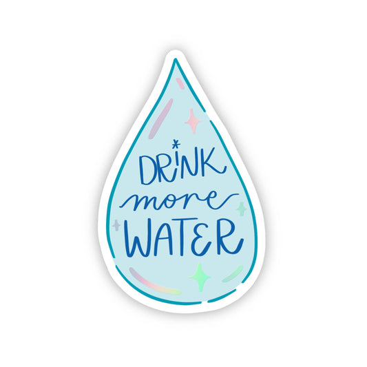 Sticker shaped like a water droplet with 'Drink more water' text on a white background