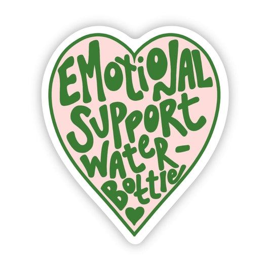 Heart-shaped sticker with 'Emotional Support Water Bottle' text on a pink background