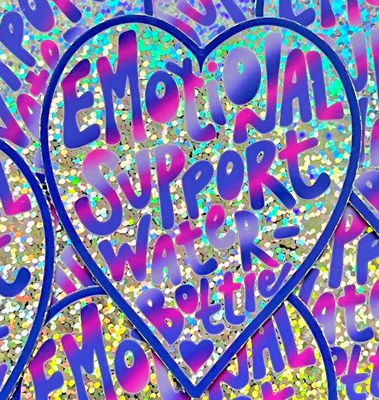 Holographic heart-shaped sticker with text saying "emotional support water-bottle" in a colorful, distressed style.