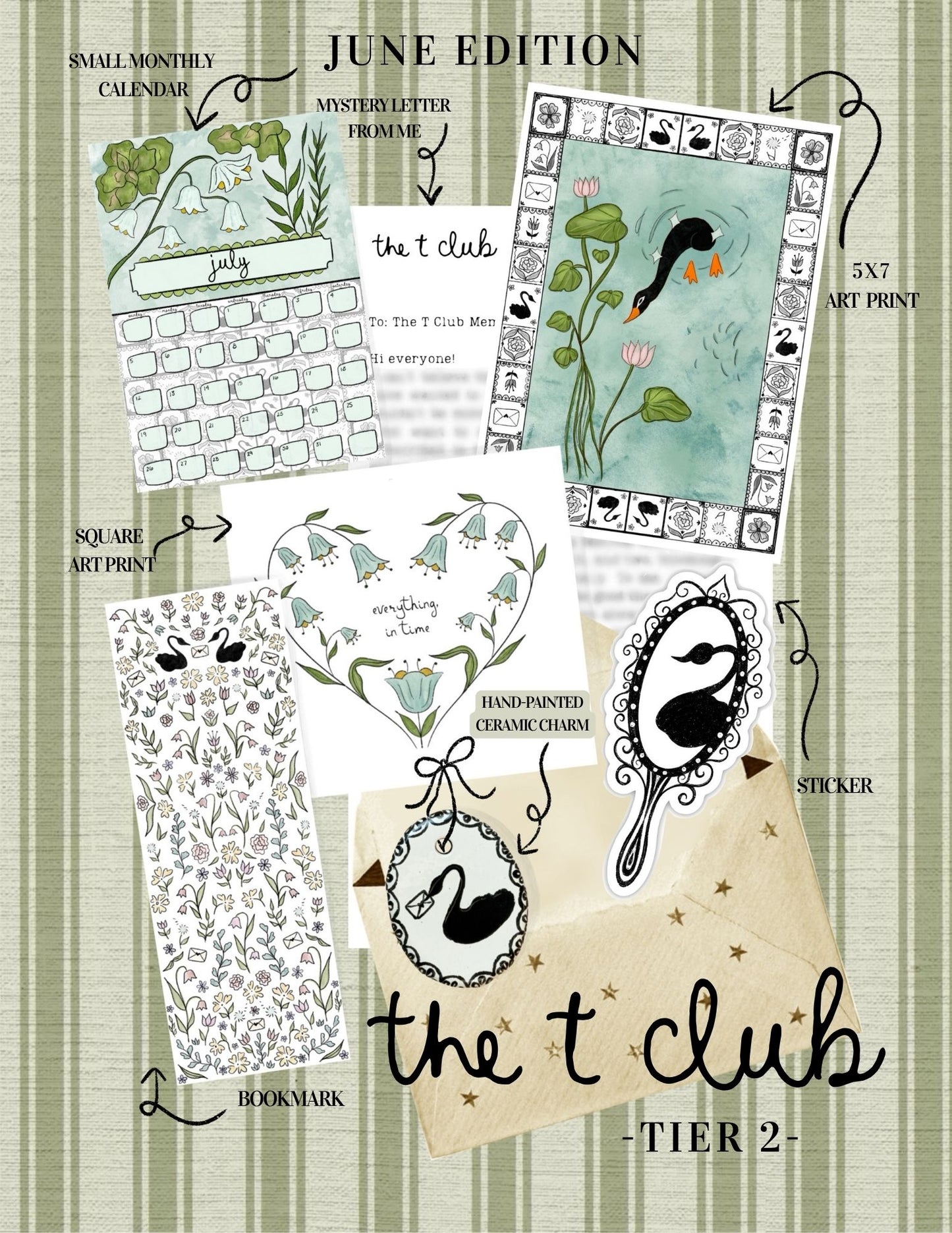 Promotional graphic for 'the t club' with stationery items and text on a green background
