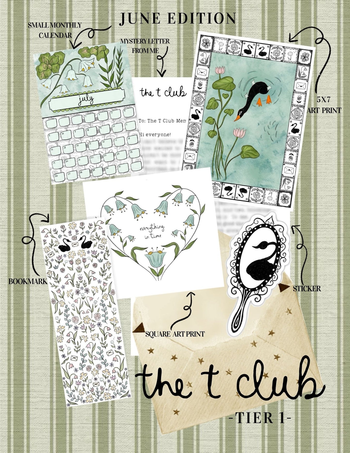 Promotional graphic for 'the t club' with stationery items and text on a green background