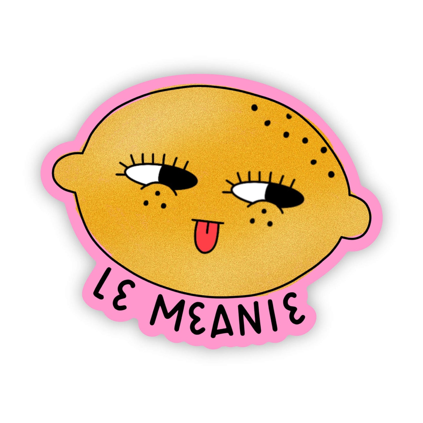 Sticker of cartoon lemon character with a pink border and 'LE MEANIE' text on a white background