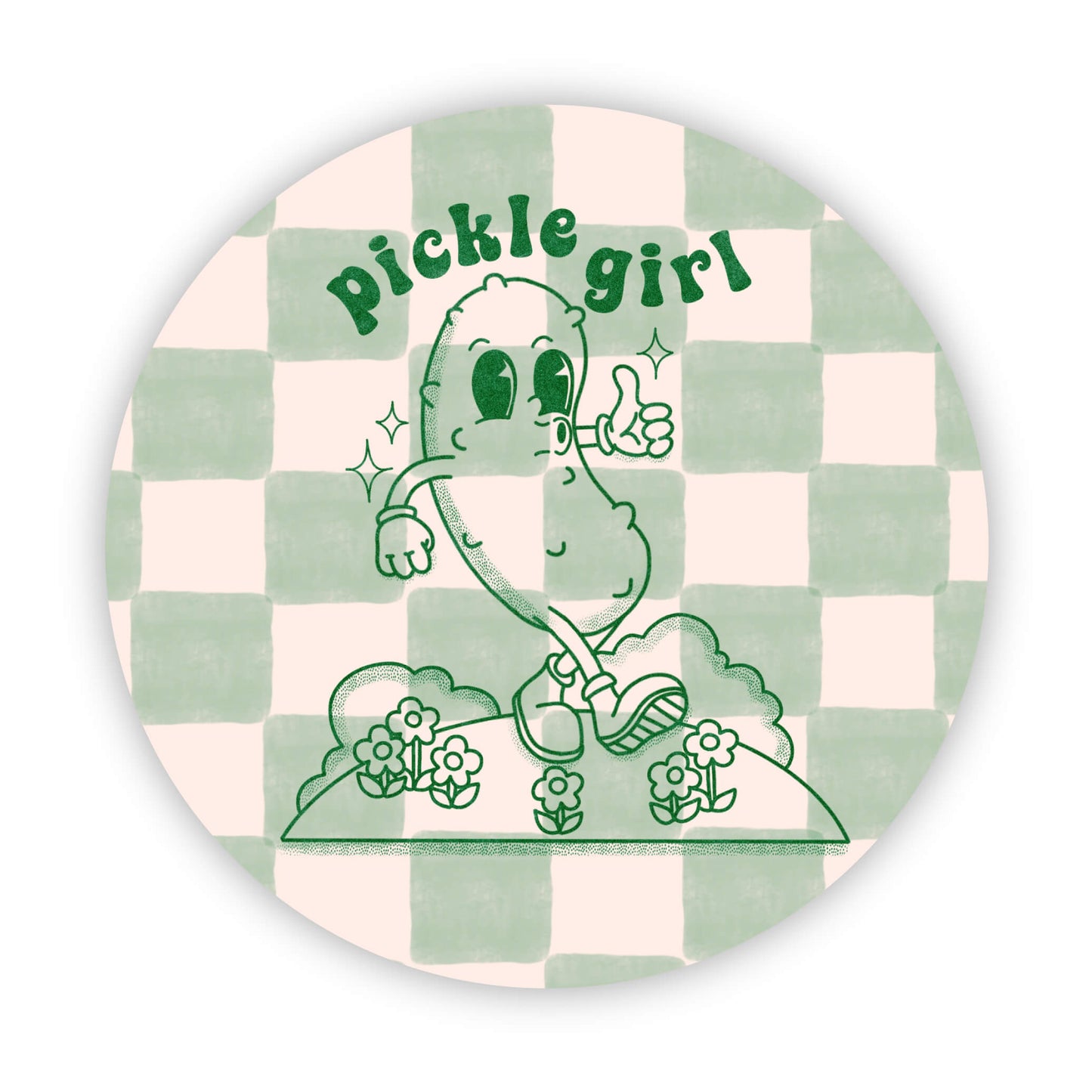 Circular badge with a pickle character and 'Pickle girl' text on a checkered background