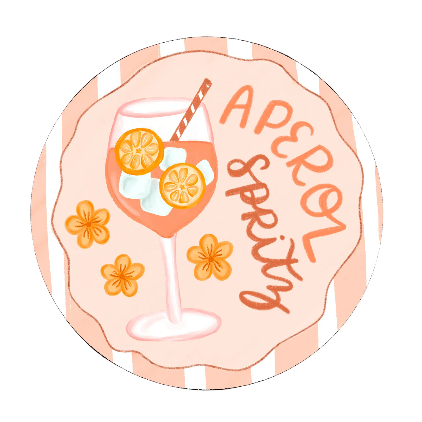 Illustration of a cocktail with flowers and 'Aperol Spritz' text on a light pink background