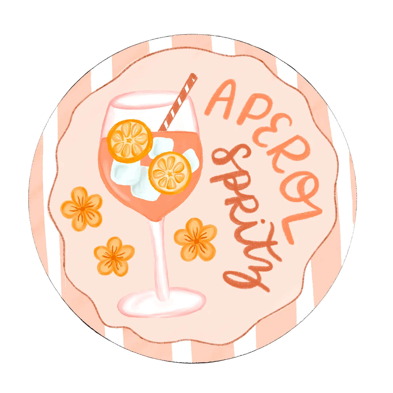 Illustration of a cocktail with flowers and 'Aperol Spritz' text on a light pink background