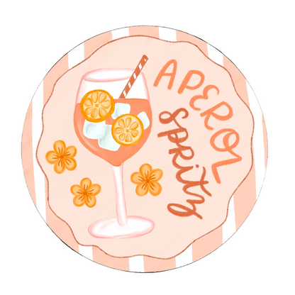 Illustration of a cocktail with flowers and 'Aperol Spritz' text on a light pink background