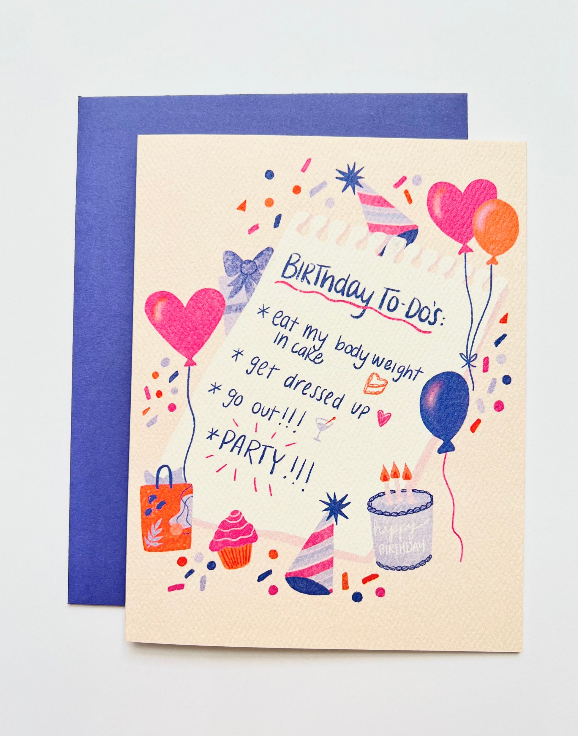 Birthday-themed card with illustrations and text on a white background