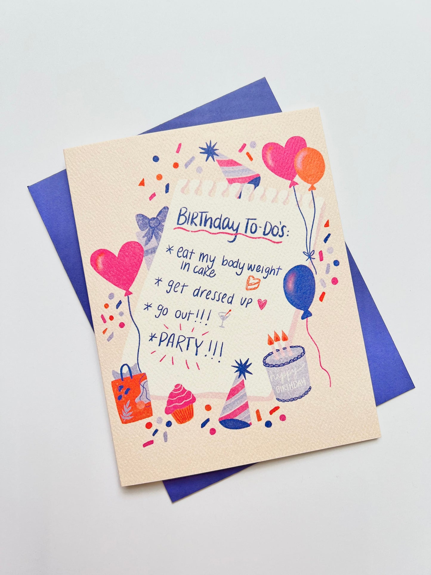 Birthday card with colorful illustrations and text on a white background