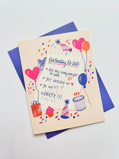 Birthday card with colorful illustrations and text on a white background