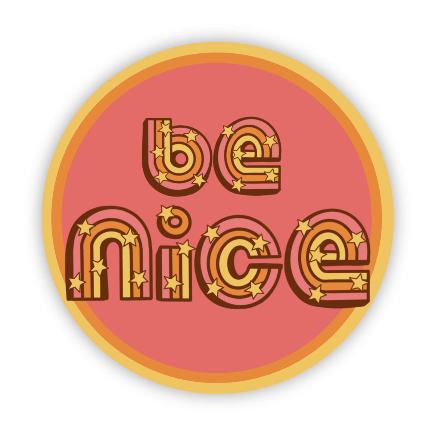 Circular sticker with 'be nice' text on a pink background