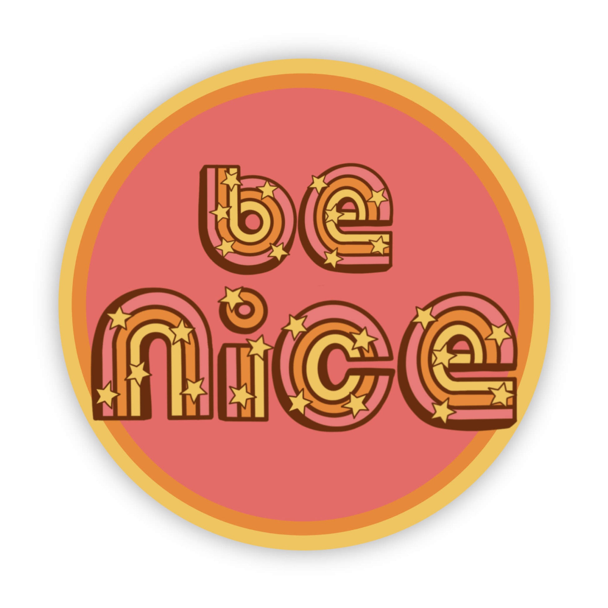 Circular sticker with 'be nice' text on a pink background
