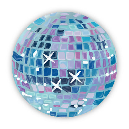 Blue disco ball sticker illustration with holographic stars on a white background