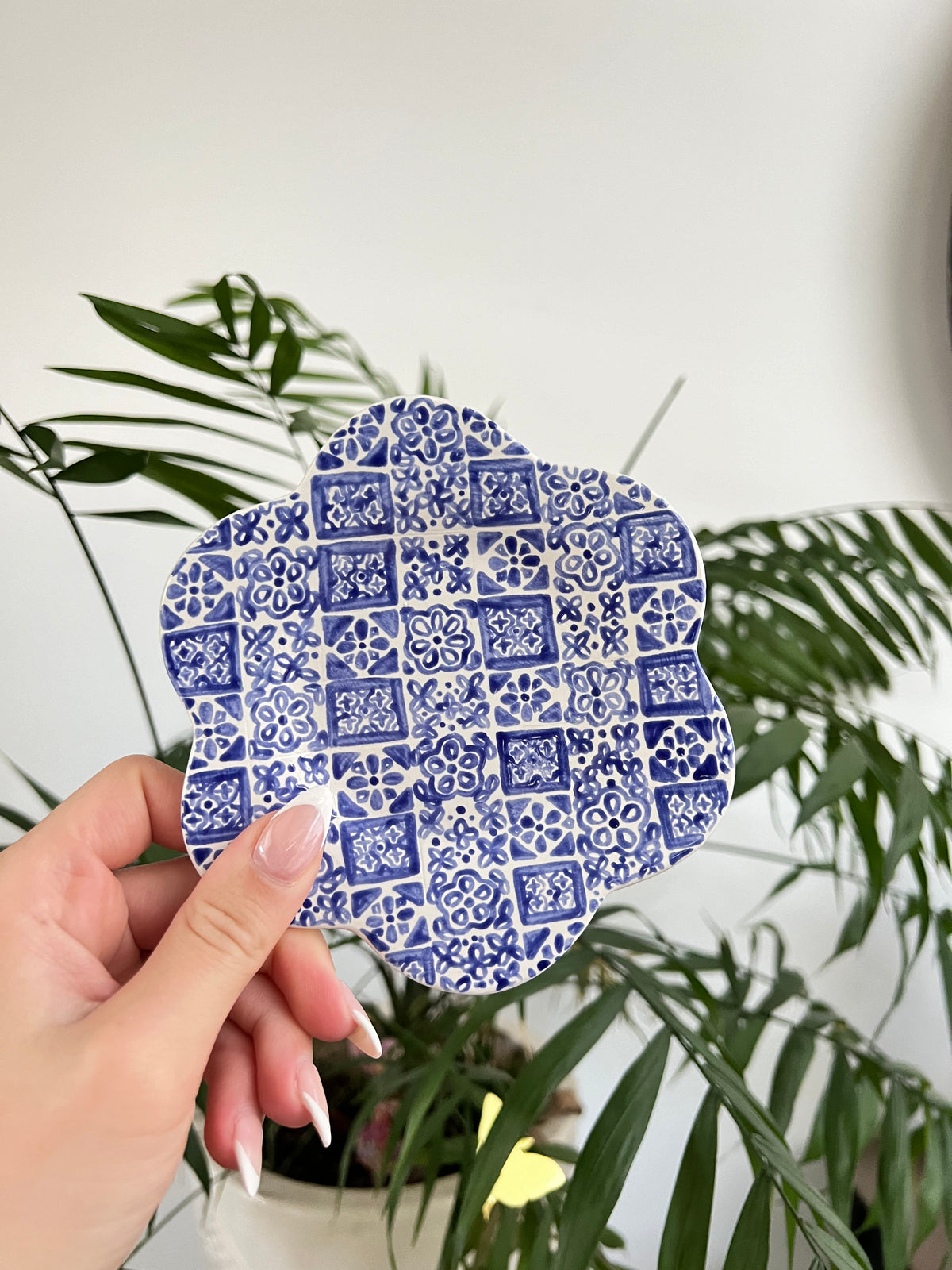 Hand holding a blue and white patterned ceramic plate with green plants in the background