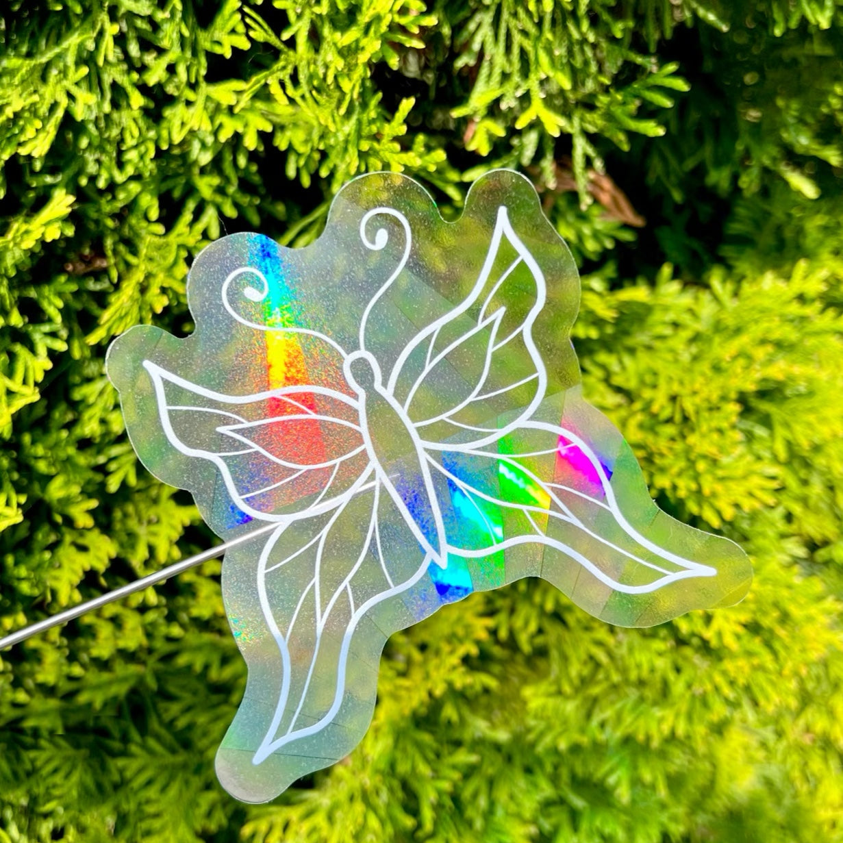 Holographic butterfly-shaped suncatcher sticker in front of a green leafy background