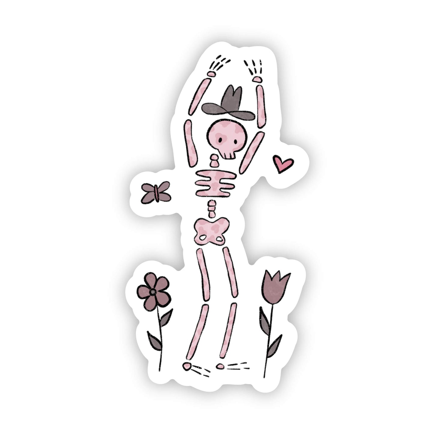 Cartoon skeleton with flowers and a cowboy hat on a white background