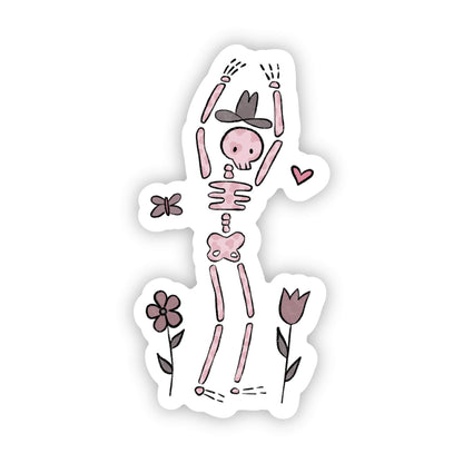 Cartoon skeleton with flowers and a cowboy hat on a white background
