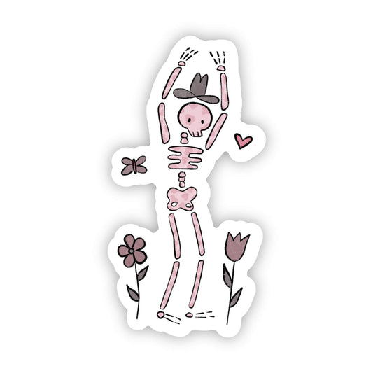 Cartoon skeleton with flowers and a cowboy hat on a white background