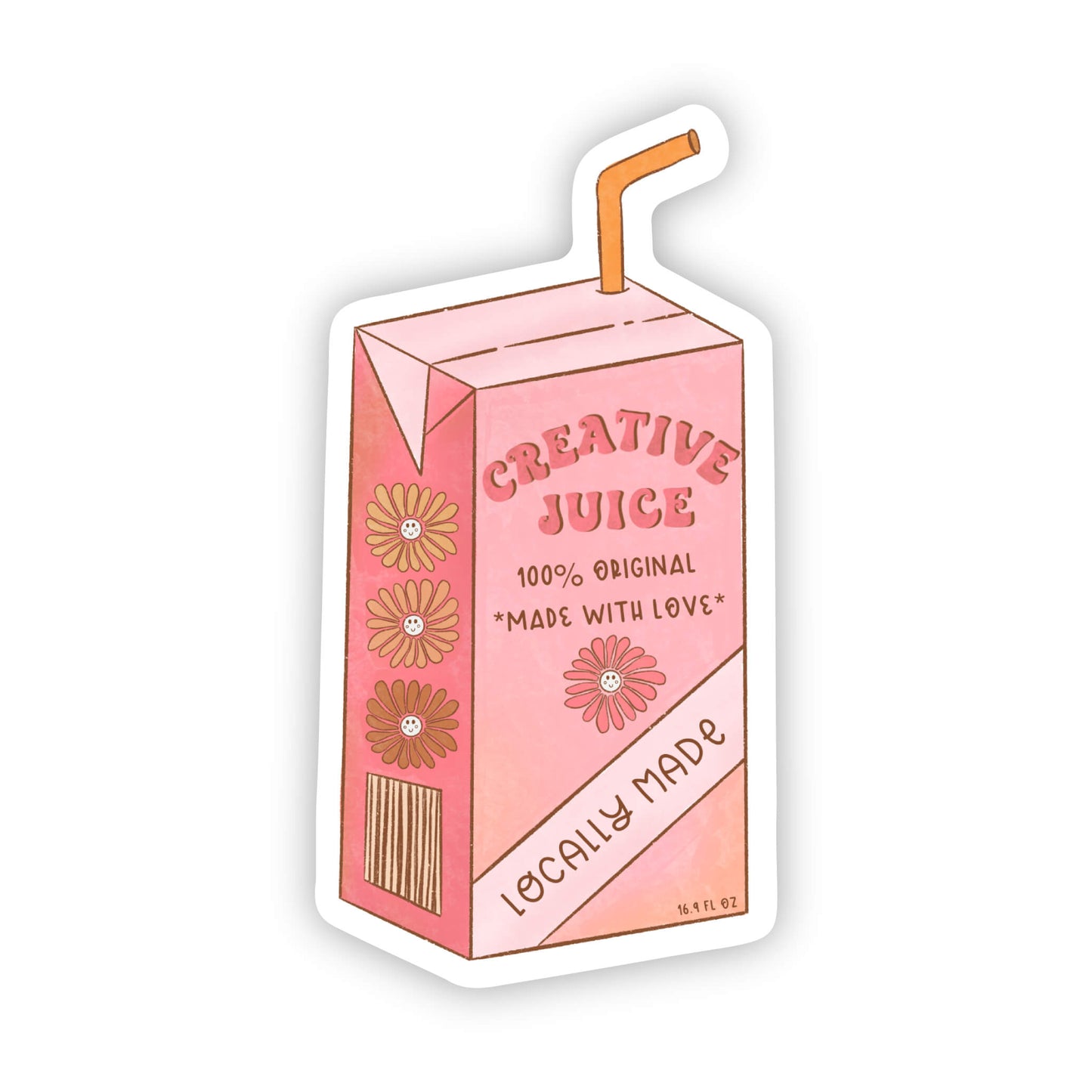 Cartoon juice box with flowers and straw sticker on a white background