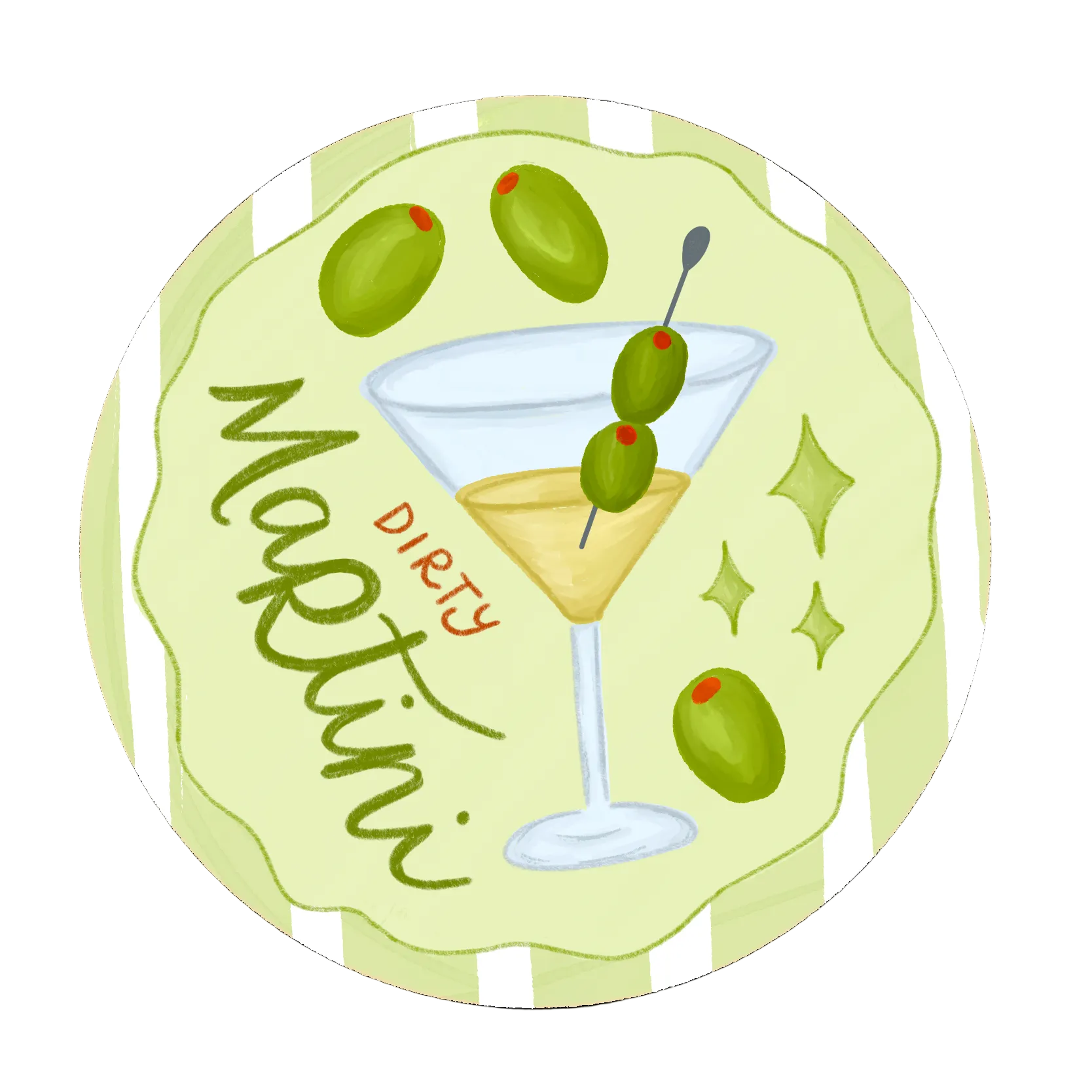 Illustration of a martini glass with olives on a light green background