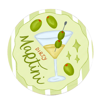 Illustration of a martini glass with olives on a light green background