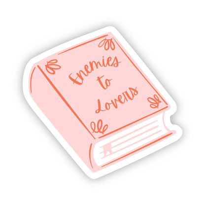 Sticker of a book with 'Enemies to Lovers' text on a white background