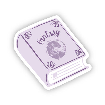 Sticker of a purple fantasy book with a dragon illustration on a white background