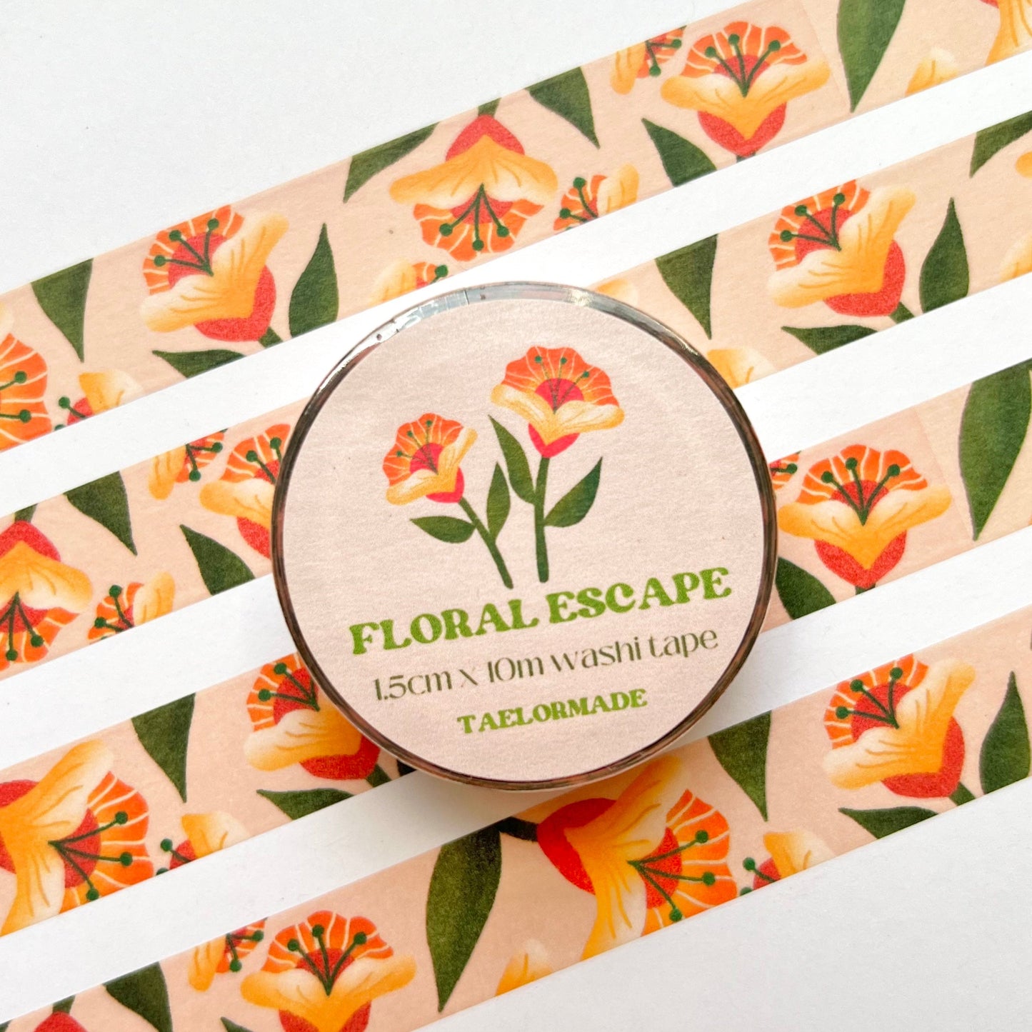 Washi tape with floral design and 'Floral Escape' branding on a white background