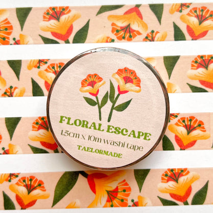 Floral washi tape with a decorative label on a matching floral background