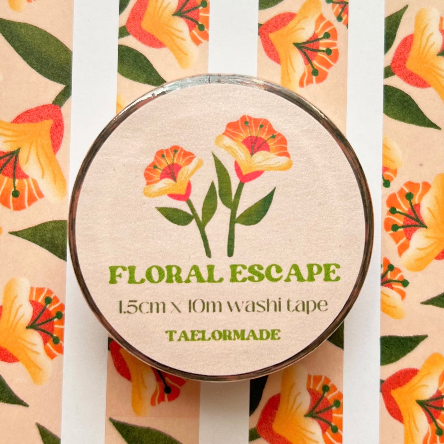 Floral washi tape with 'Floral Escape' branding on a striped background
