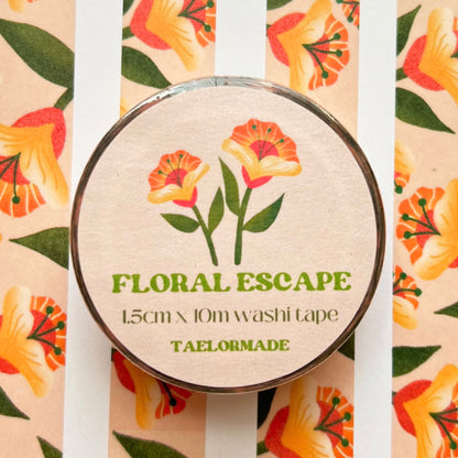 Floral washi tape with 'Floral Escape' branding on a striped background