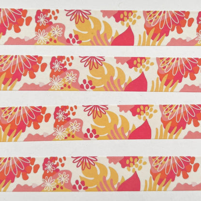 Set of floral-patterned ribbons with pink, yellow, and white colors on a white background.