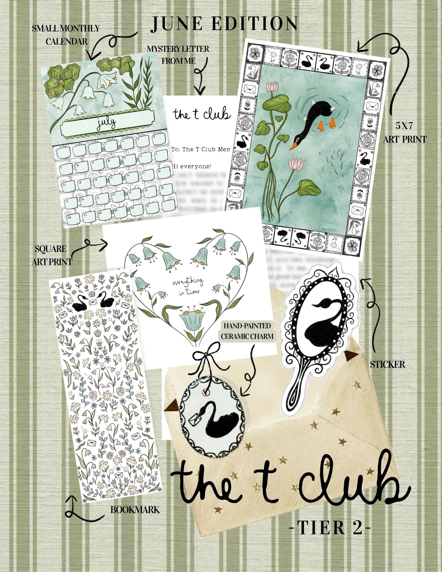Promotional graphic for 'the t club' with stationery items and text on a green background