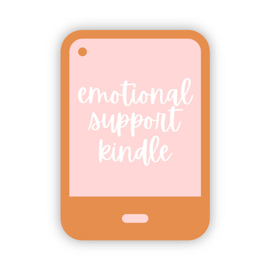 Kindle shaped sticker with 'emotional support kindle' text on a pink background