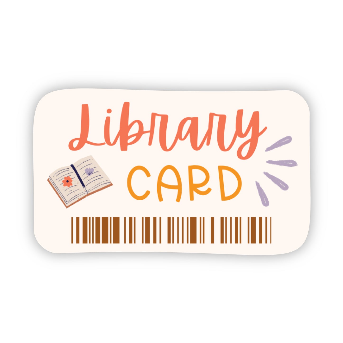 Library card sticker with a book illustration and barcode on a white background