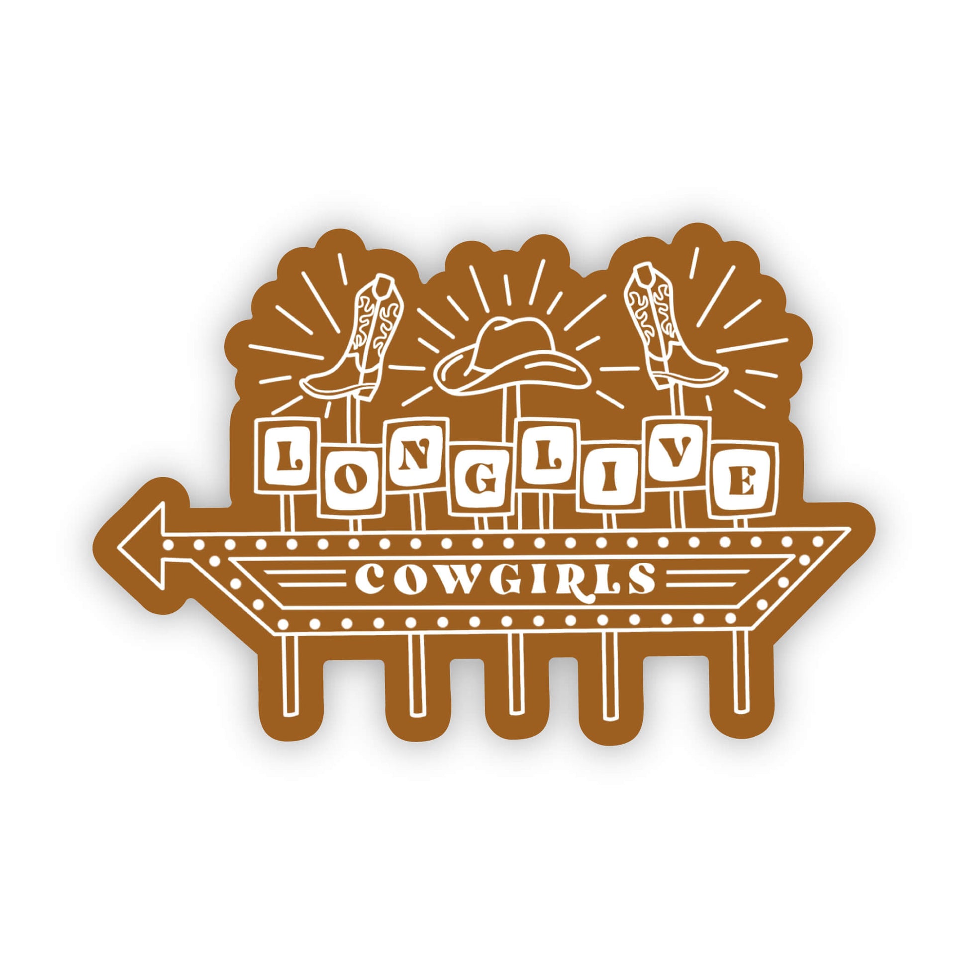 Sticker of a retro sign with 'Long Live Cowgirls' text and cowboy boots on a white background