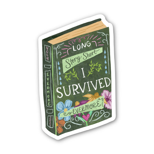 Book-shaped sticker with decorative text and floral elements on a white background