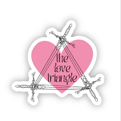 Sticker design with a pink heart and 'the love triangle' text, surrounded by decorative swords on a white background.
