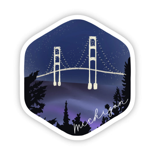 Hexagonal sticker with a bridge and 'Michigan' text against a starry night sky.