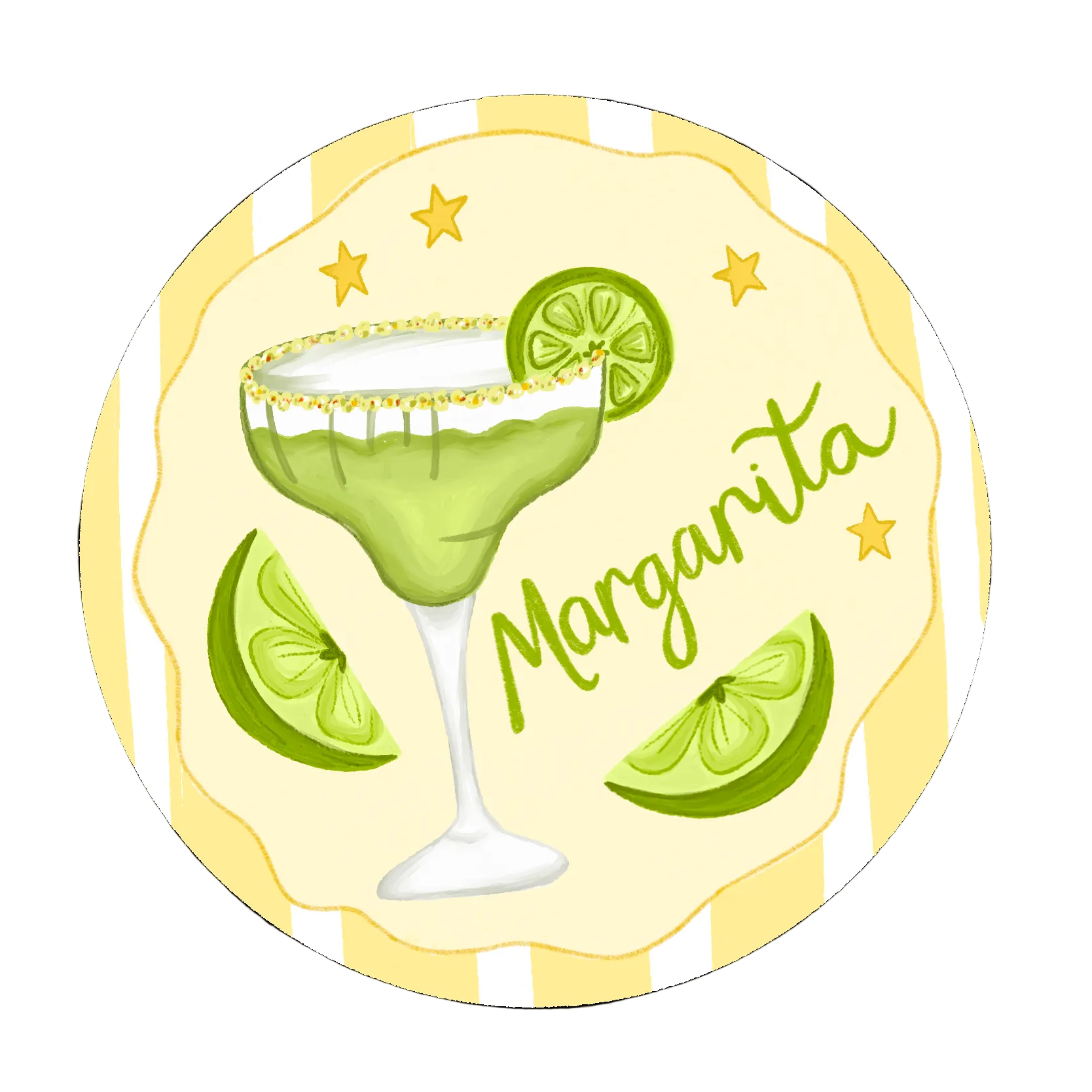 Circular coaster with a margarita design featuring lime wedges and the word 'Margarita'.