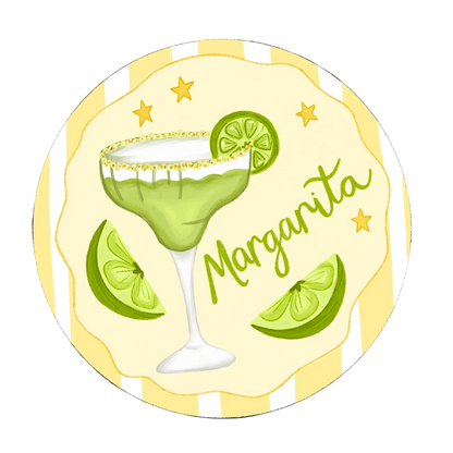 Circular coaster with a margarita design featuring lime wedges and the word 'Margarita'.