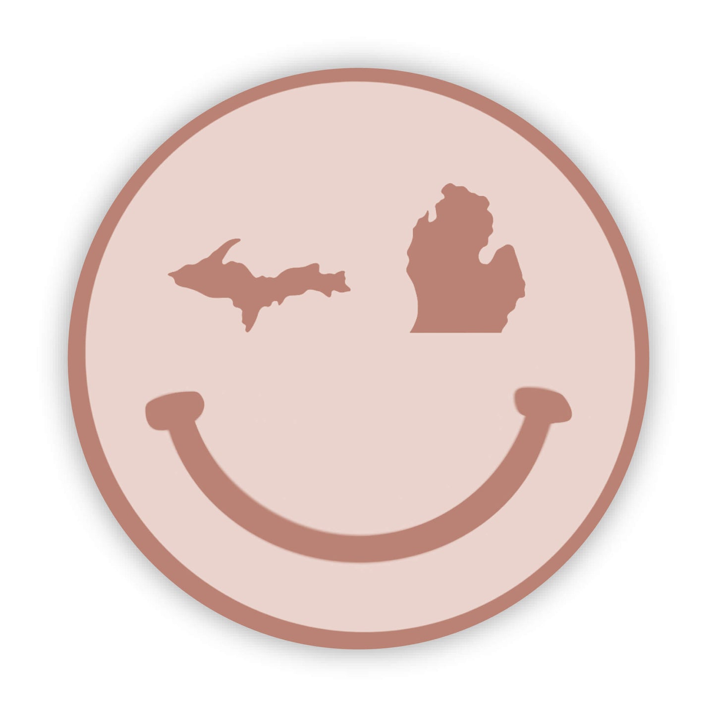 Smiley face design with Michigan outline on a pink background