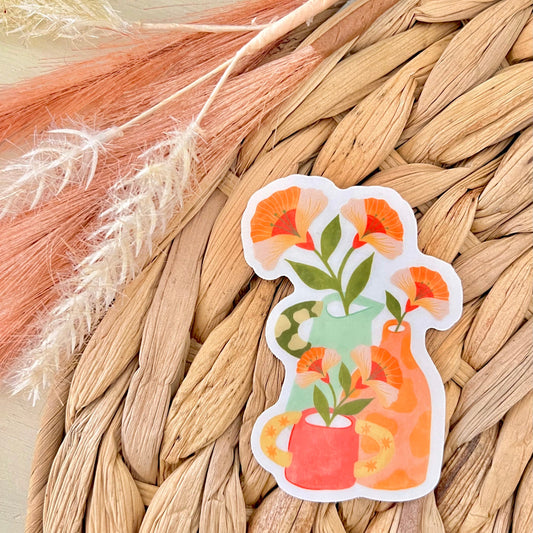 Decorative sticker with a plant and vases design on a woven surface