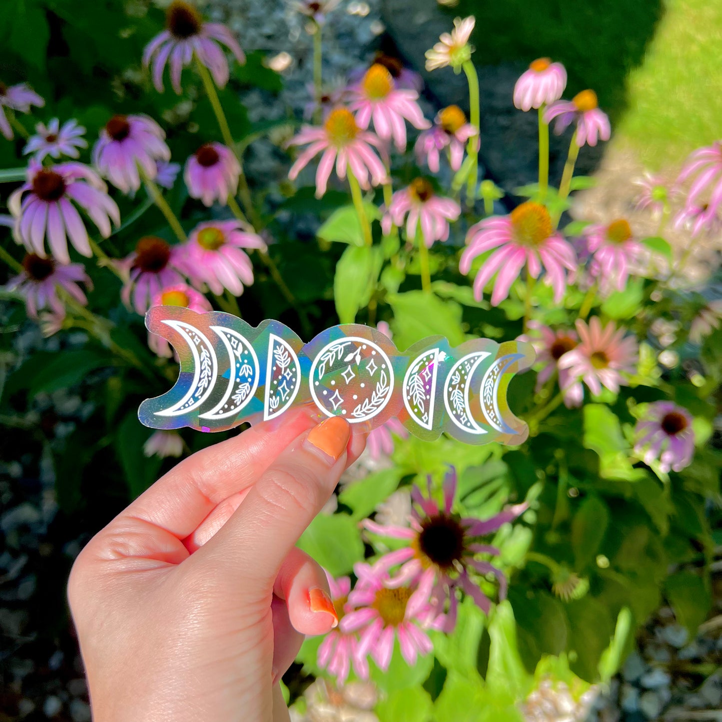Hand holding a suncatcher sticker shaped like the phases of the moon in front of pink flowers