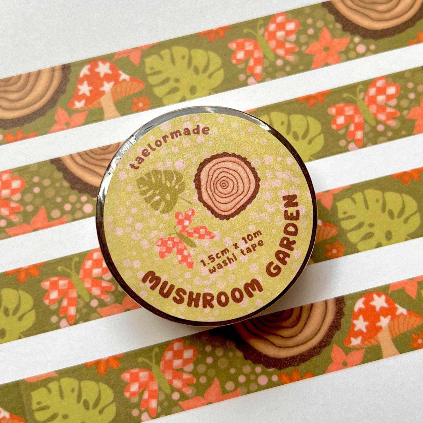 Round product with 'Mushroom Garden' branding on a patterned background