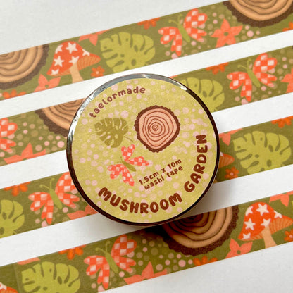 Round product with 'Mushroom Garden' branding on a patterned background