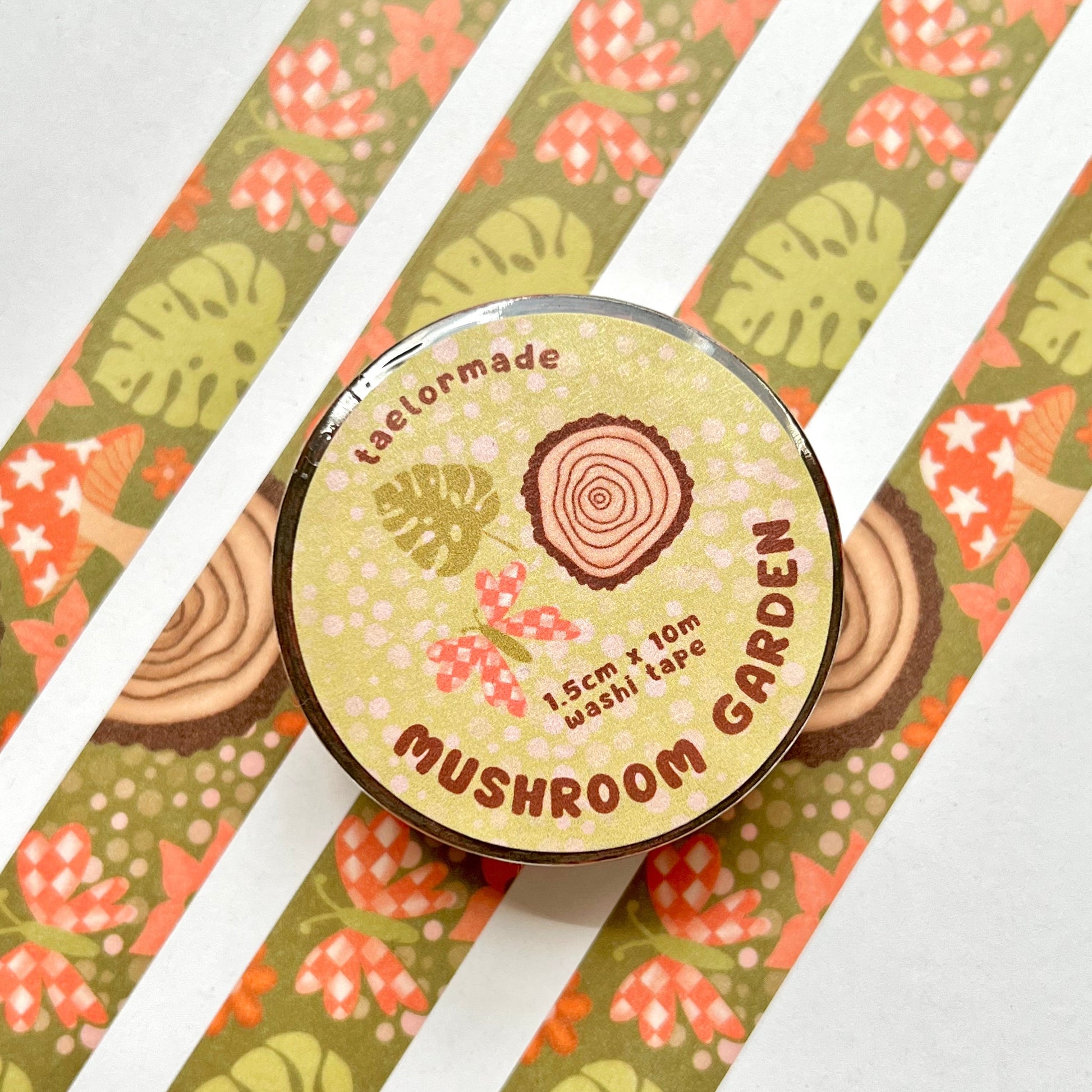 Round product with 'Mushroom Garden' branding on a patterned background