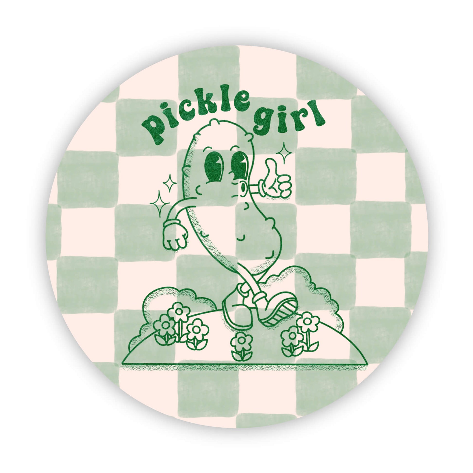 Circular badge with a pickle character and 'Pickle girl' text on a checkered background