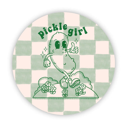 Circular badge with a pickle character and 'Pickle girl' text on a checkered background