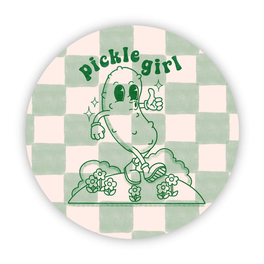 Circular badge with a pickle character and 'Pickle girl' text on a checkered background