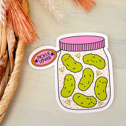 Sticker of a jar with pickles and 'Pickle Lover' label on a light background